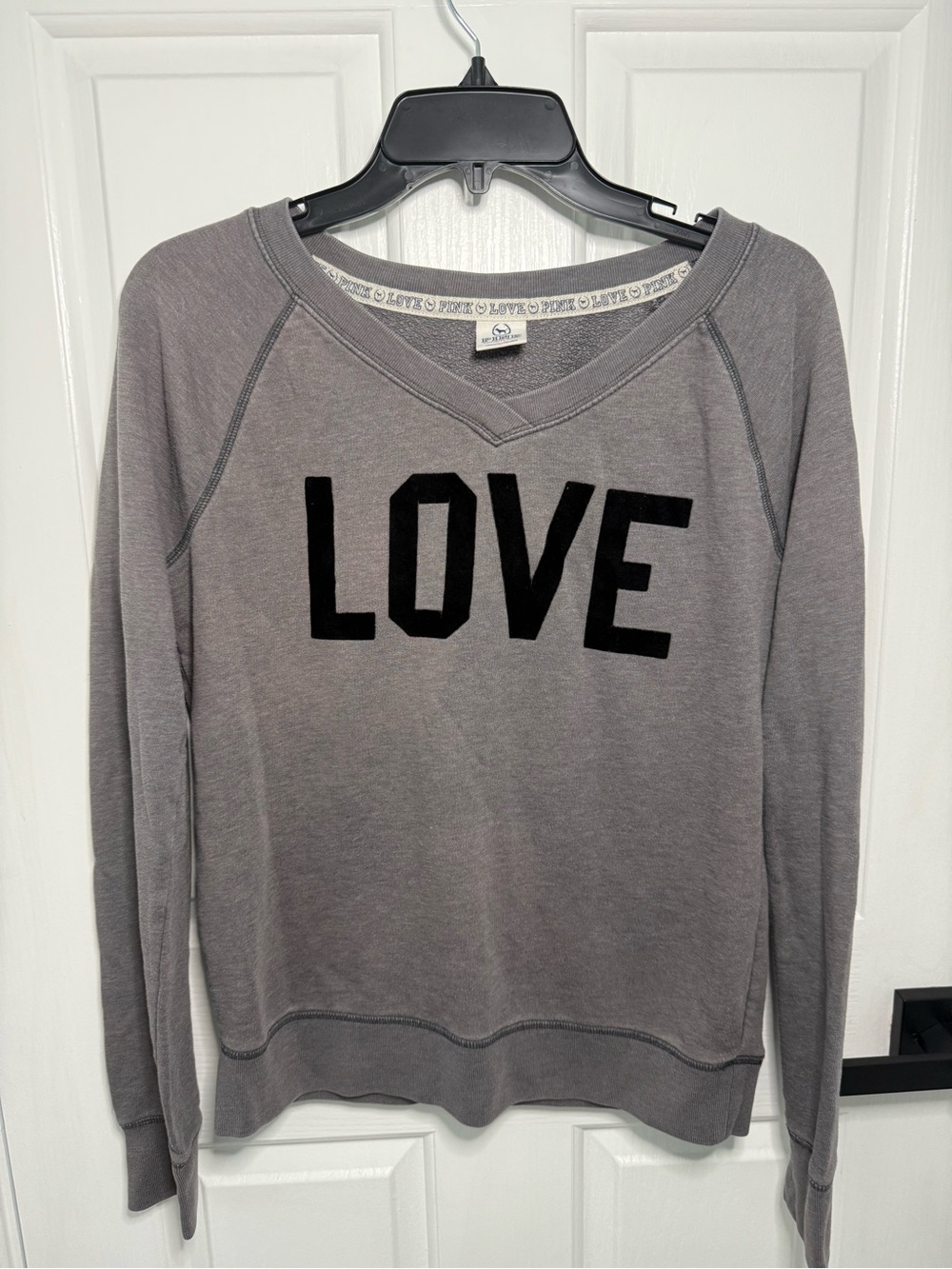 Victoria's Secret Gray V-Neck Sweatshirt with Black LOVE velvet logo